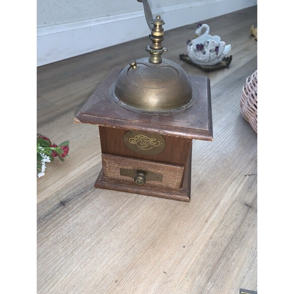 Antique Rare UNIQUE Hand Mill Brass Metal Vintage Wood Coffee Grinder Millstones - Picture 1 of 12